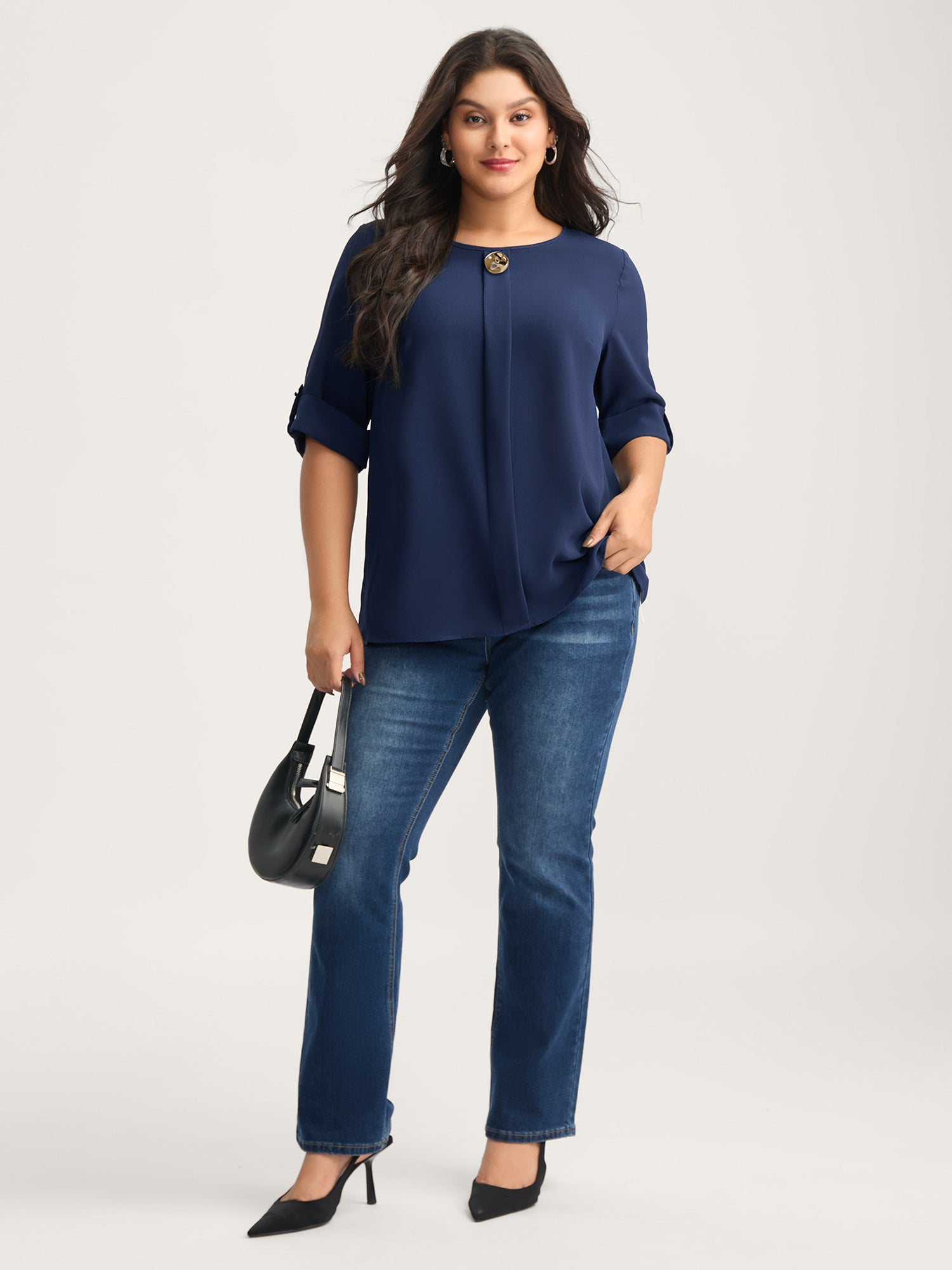 Metal Button Pleated Front Blouse