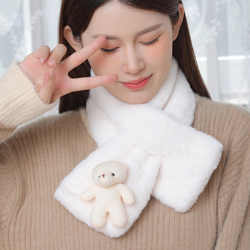Women's Scarf Winter Versatile Plush Thickened Scarf  Solid Color Fur Collar Girl Cute Rex Rabbit Fur Scarf