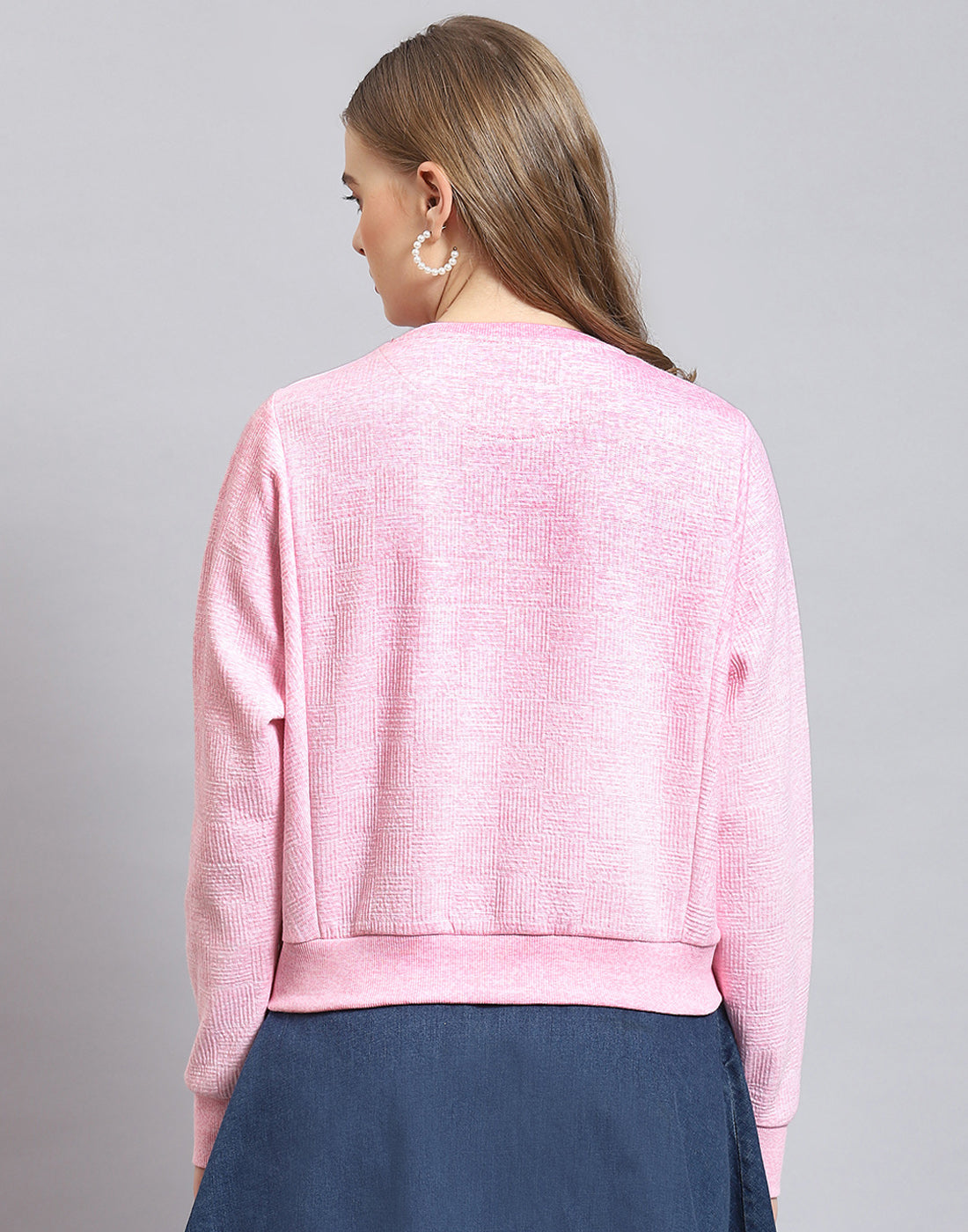 Women Pink Printed Round Neck Full Sleeve Sweatshirt