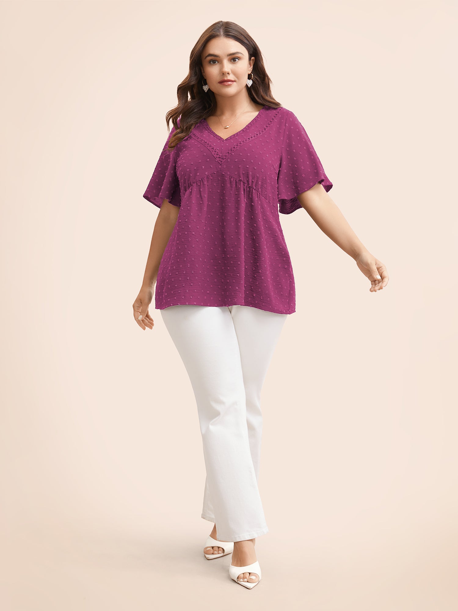 Polka Dot Frill Trim V Neck Flutter Blouse