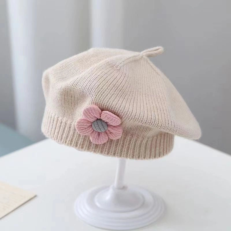 Baby Hat Autumn And Winter Baby Girls' Cute Flower Beret Children's Wool Hat Girls' Knitted Painter Hat Fashion