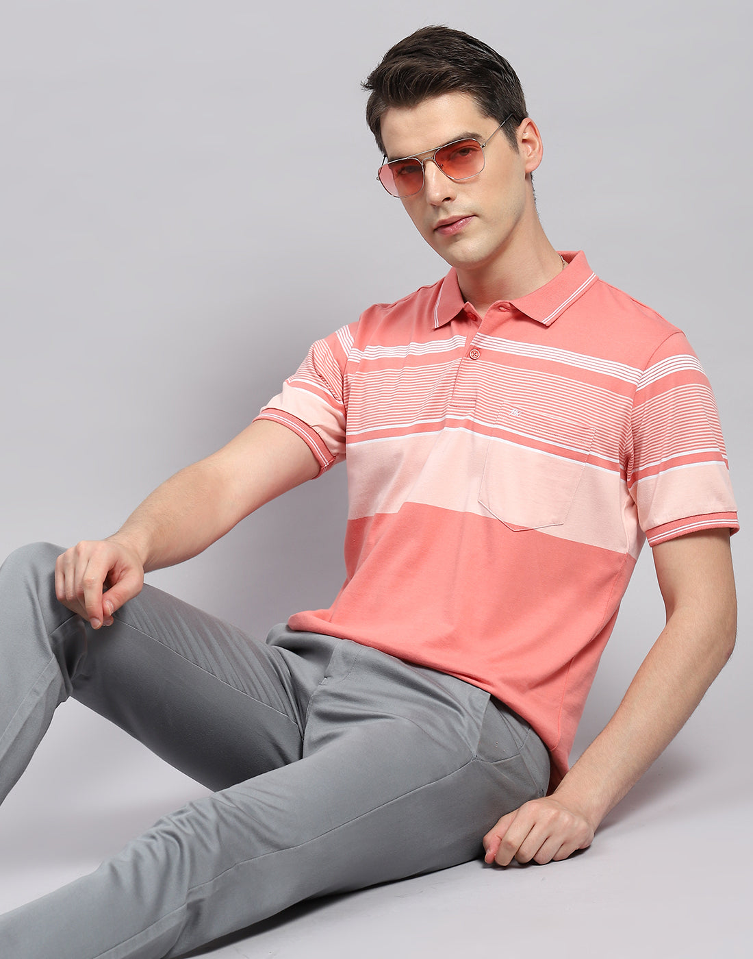 Men Pink Stripe Collar Neck Half Sleeve T-Shirt