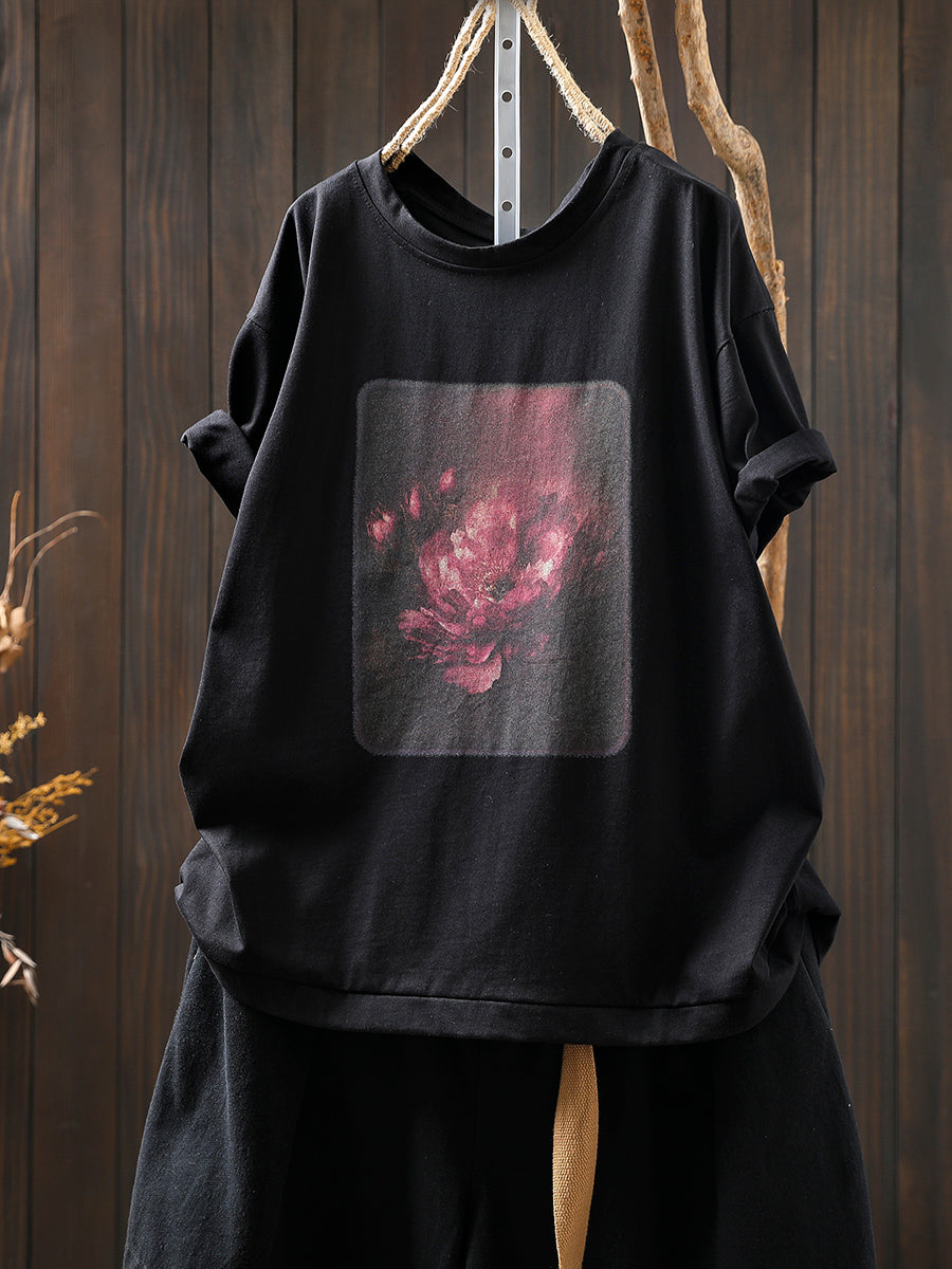 Women Summer Artsy Flower Print Cotton Shirt