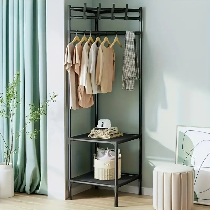 1pc Corner Coat Rack. Free Standing Coat Rack. With 3 Layers Storage Shelves And 4 Double Hooks. Living Room. Bathroom. Hallway Shoe Rack Organizer