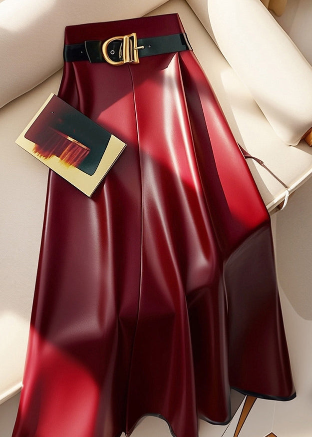 Stylish Red Sashes Solid High Waist Faux Leather Skirts Spring