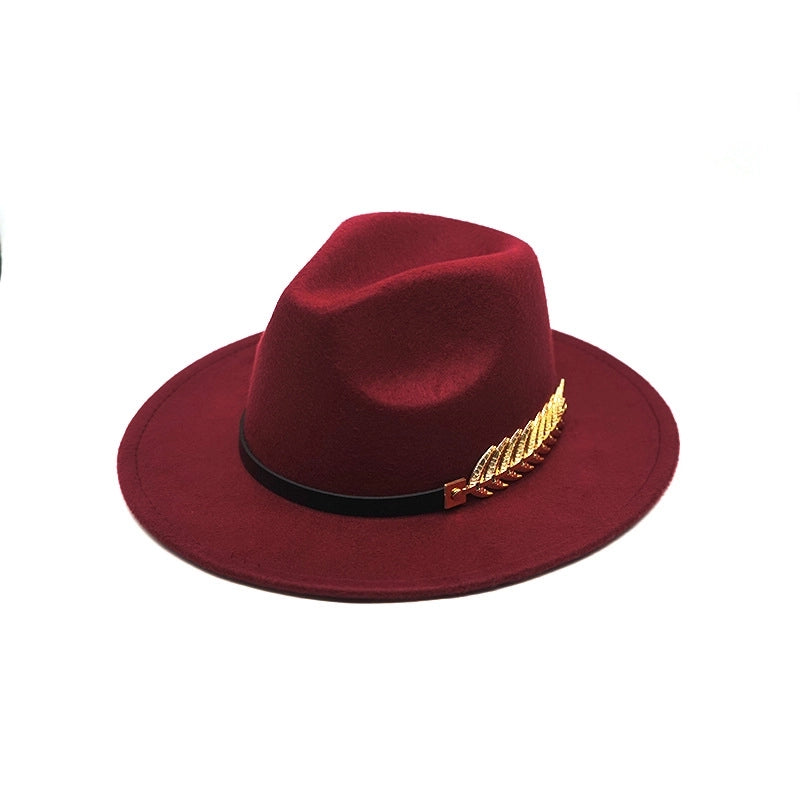 Style Fish Bone Gold Leaf Wool Gentleman Hat Large Brim Felt Hat Jazz Big Maple Leaf Imitation Wool Hat