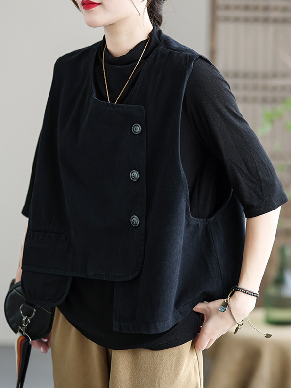 Vintage Asymmetric Solid Color Buttoned Vest Top
