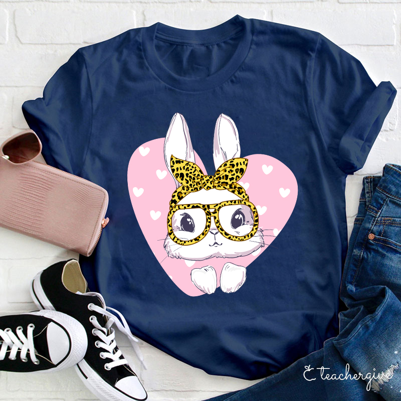 Bunny Face Leopard Glasses Poping Out Of A Heart Teacher T-Shirt