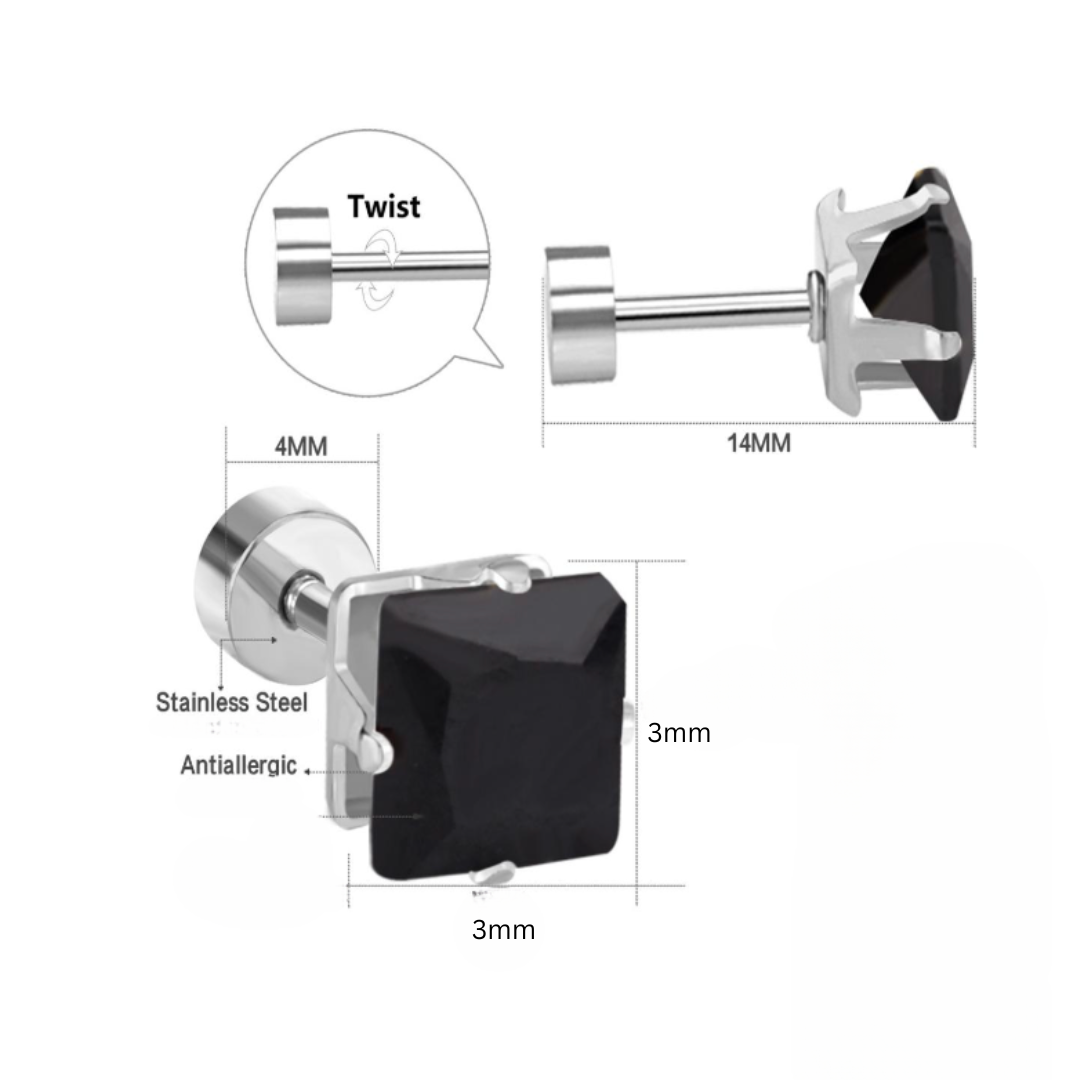 3mm Square black diamond studs - Silver
