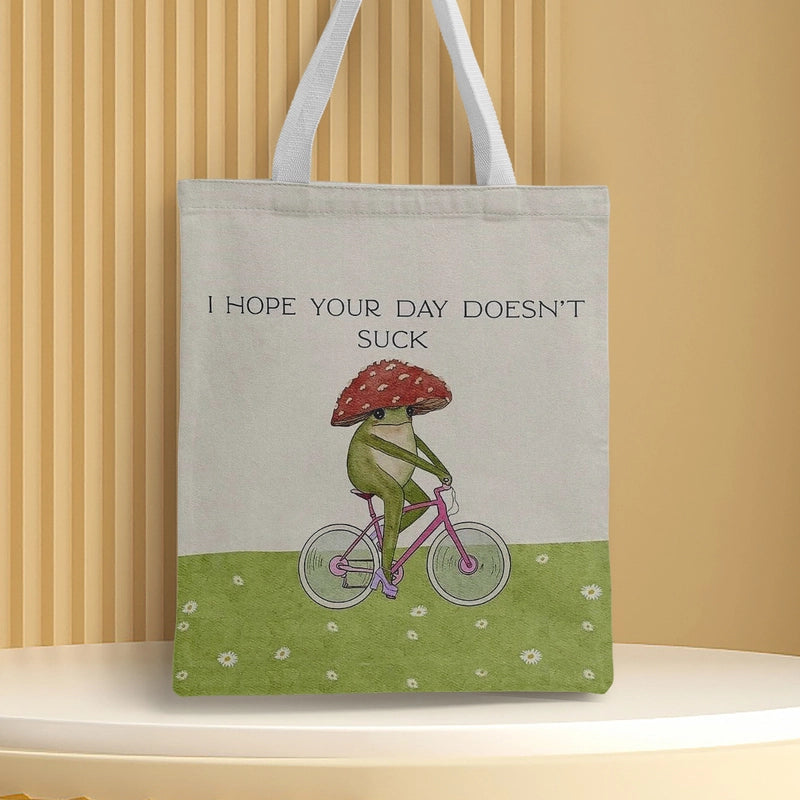 Women's Medium Canvas Frog Basic Classic Style Square Open Canvas Bag