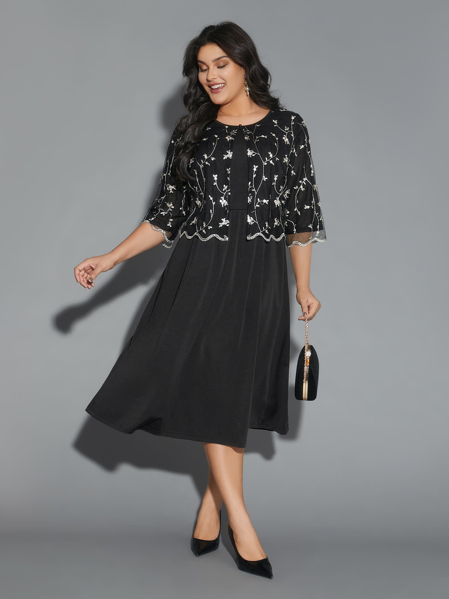 Round Neck Floral Embroidered  Dress