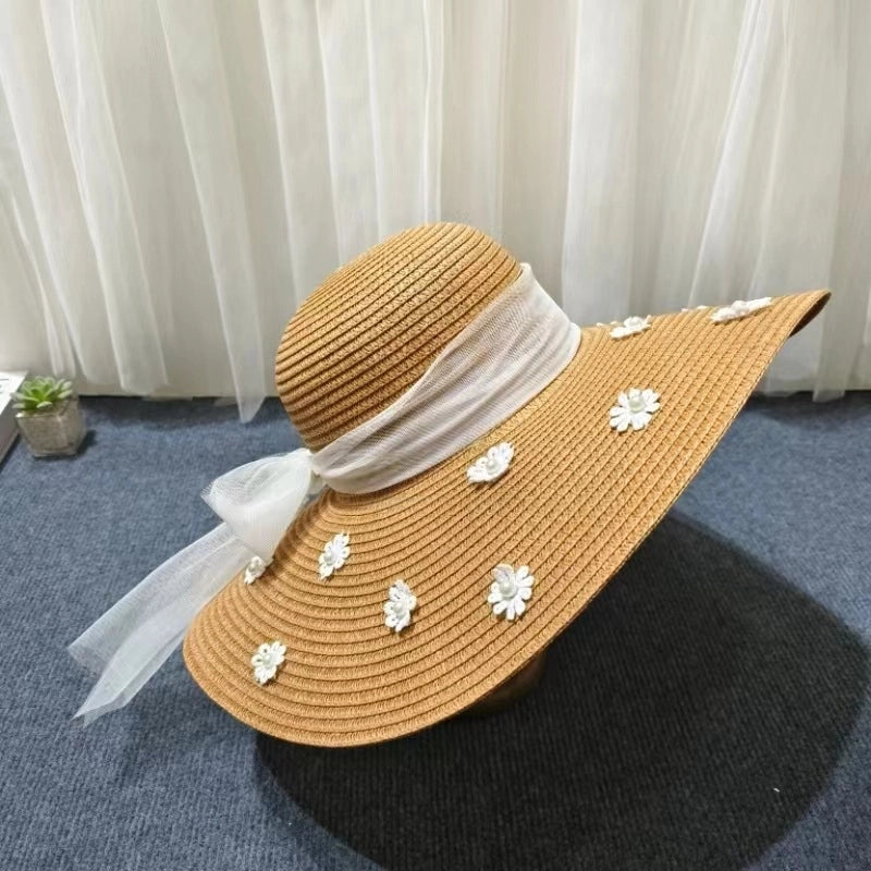 Women's Cute Sweet Minimalist Flower Embroidery Pearl Wide Eaves Straw Hat