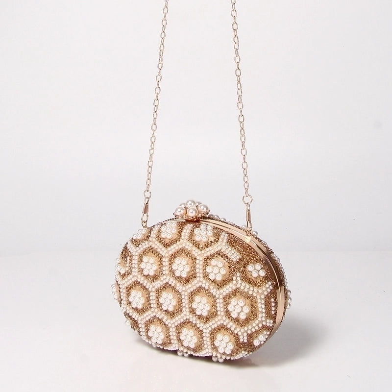 Gold Pu Leather Flower Oval Evening Bags