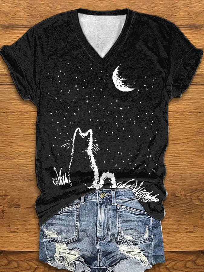 Women's Black Cat Print T-Shirt