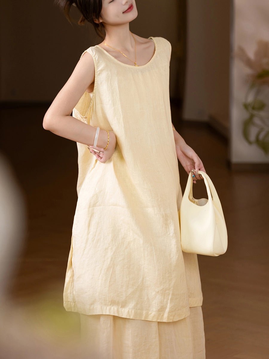 Women Summer Pure Color O-Neck 100%Hemp Long Vest