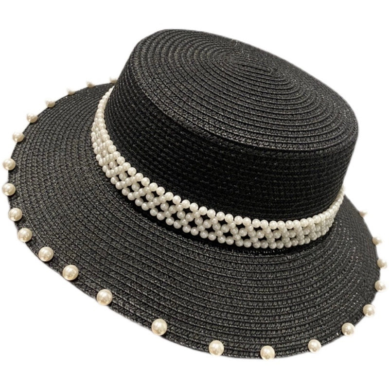 Summer Retro Large Brim Sunscreen Pearl Straw Hat