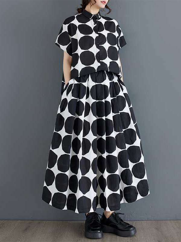 Loose Short Sleeves Buttoned Polka-Dot Lapel Blouse Tops Skirts Bottoms Two Pieces Set