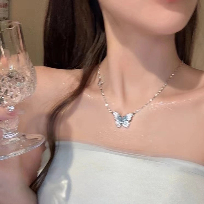 Minimalist Heart Shape Bow Knot Titanium Steel Inlay Zircon Pendant Necklace