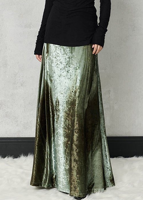 Green Original Design Silk Velvet Spring Skirts High Waist