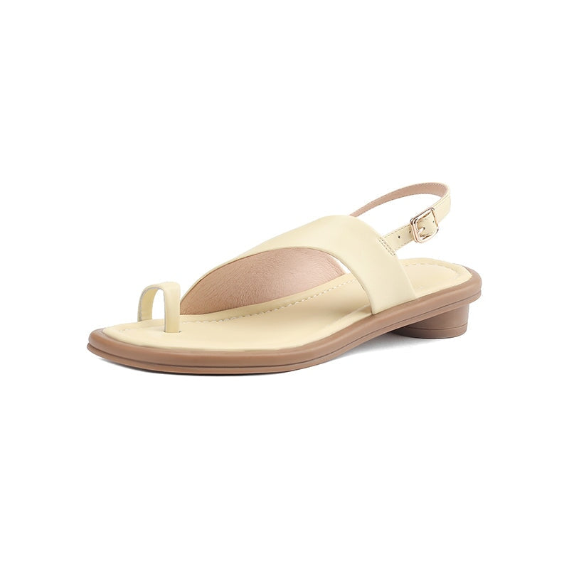 Fashion Cow Leather Toe Ring Roman Sandals with Cylinder Heel in Green/Butter Yellow