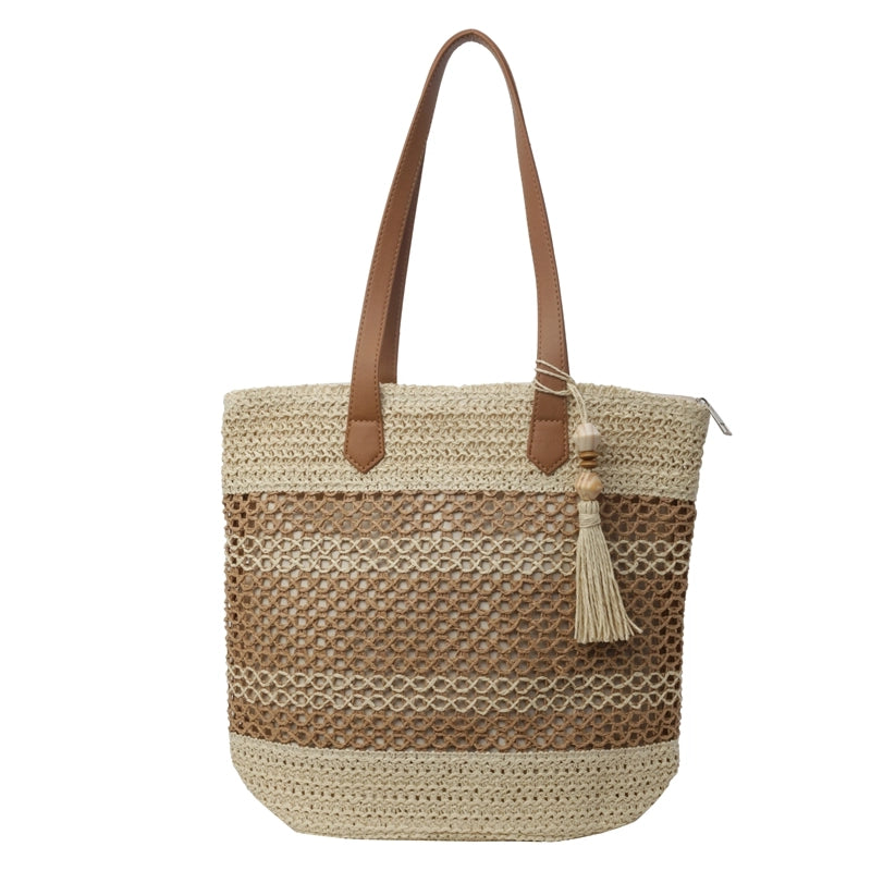 Women's Large Straw Color Block Beach Classic Style Weave Bucket Zipper Shoulder Bag