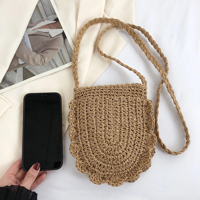 Women's Small Straw Solid Color Vacation Oval Zipper Shoulder Bag Crossbody Bag Straw Bag