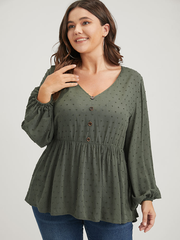 Polka Dot Flutter Button Detail Lantern Sleeve Blouse
