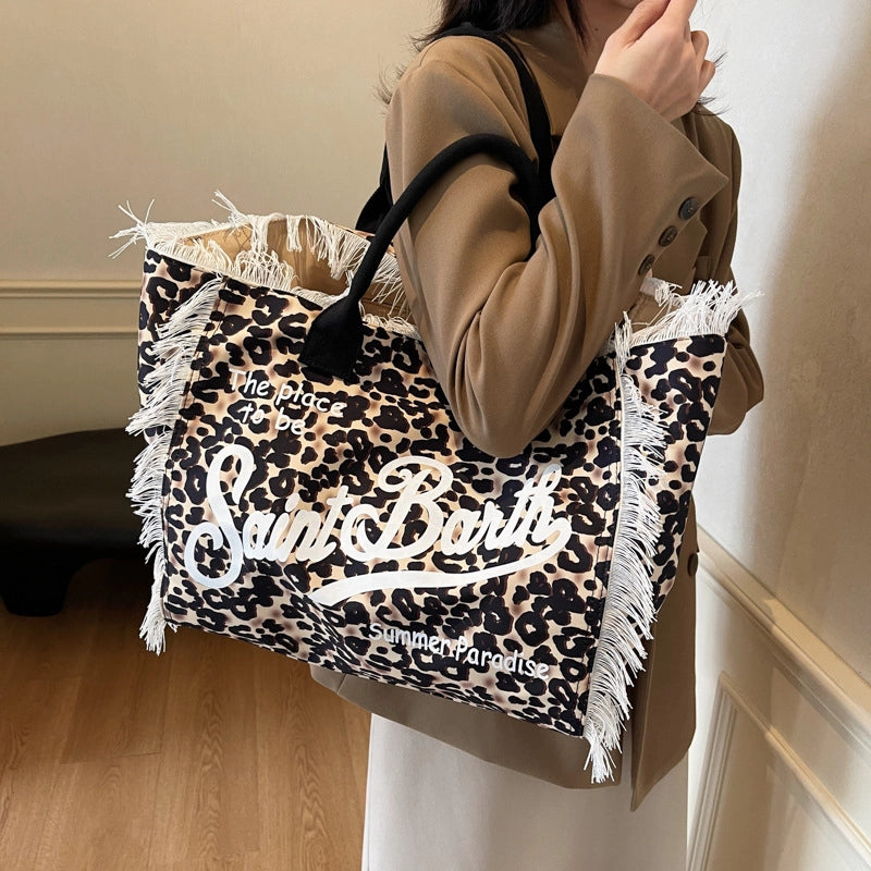 Women's Cloth Letter Leopard Streetwear Tassel Square Open Tote Bag