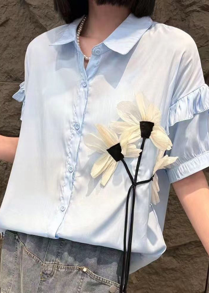 Modern White Peter Pan Collar Floral Shirts And Denim Skirts Two Pieces Set Short Sleeve Summer