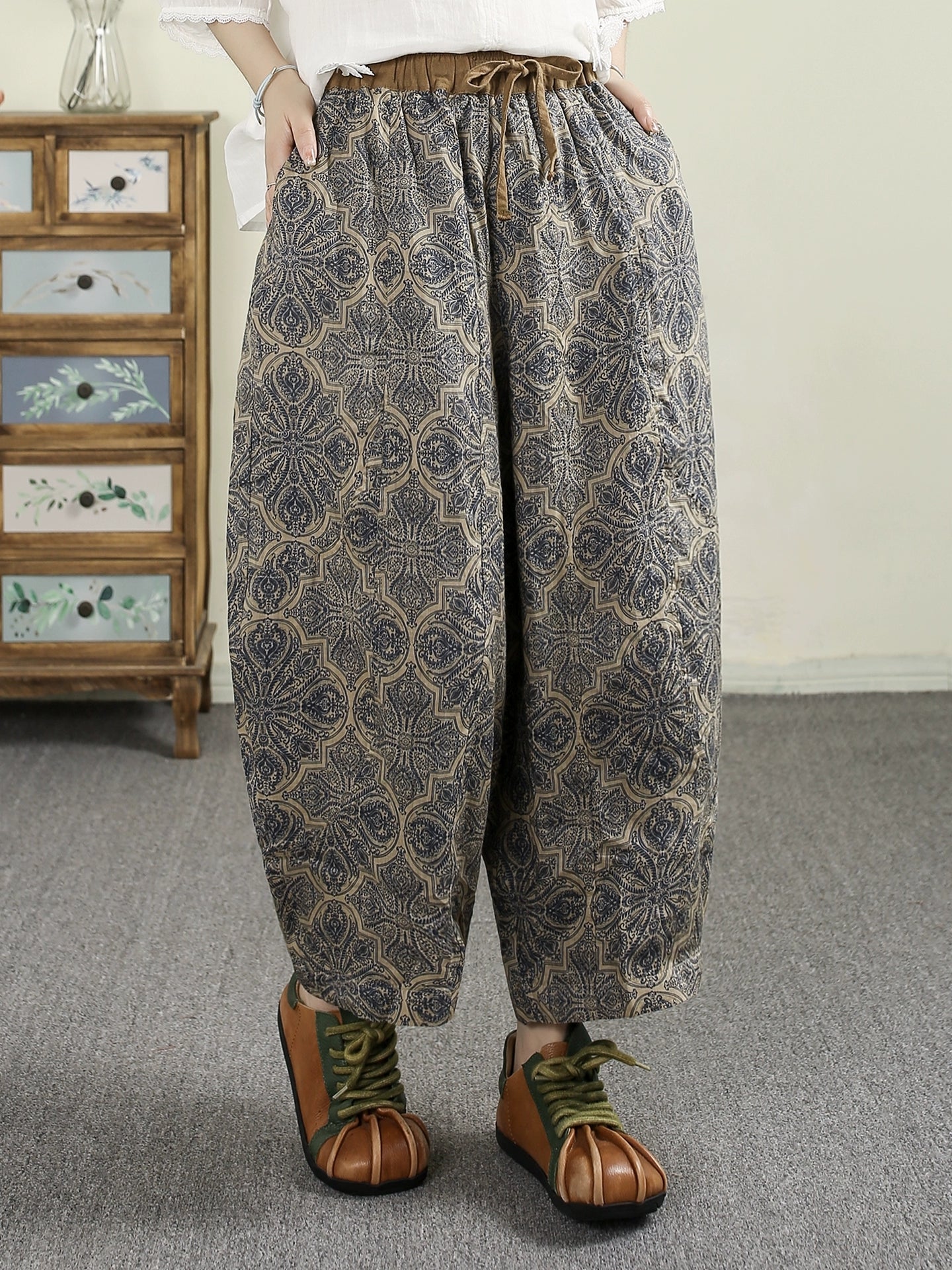 Women Summer Ethnic Print 100%Ramie Harem Pants