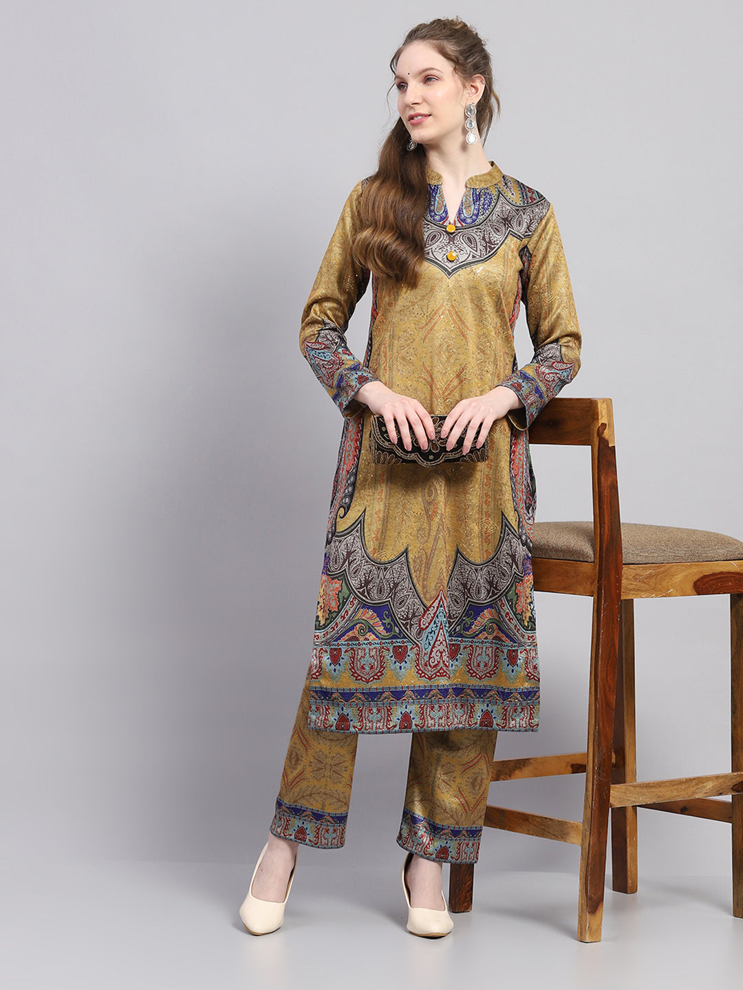 Women Yellow Printed Round Neck Full Sleeve Kurti Set for Winter