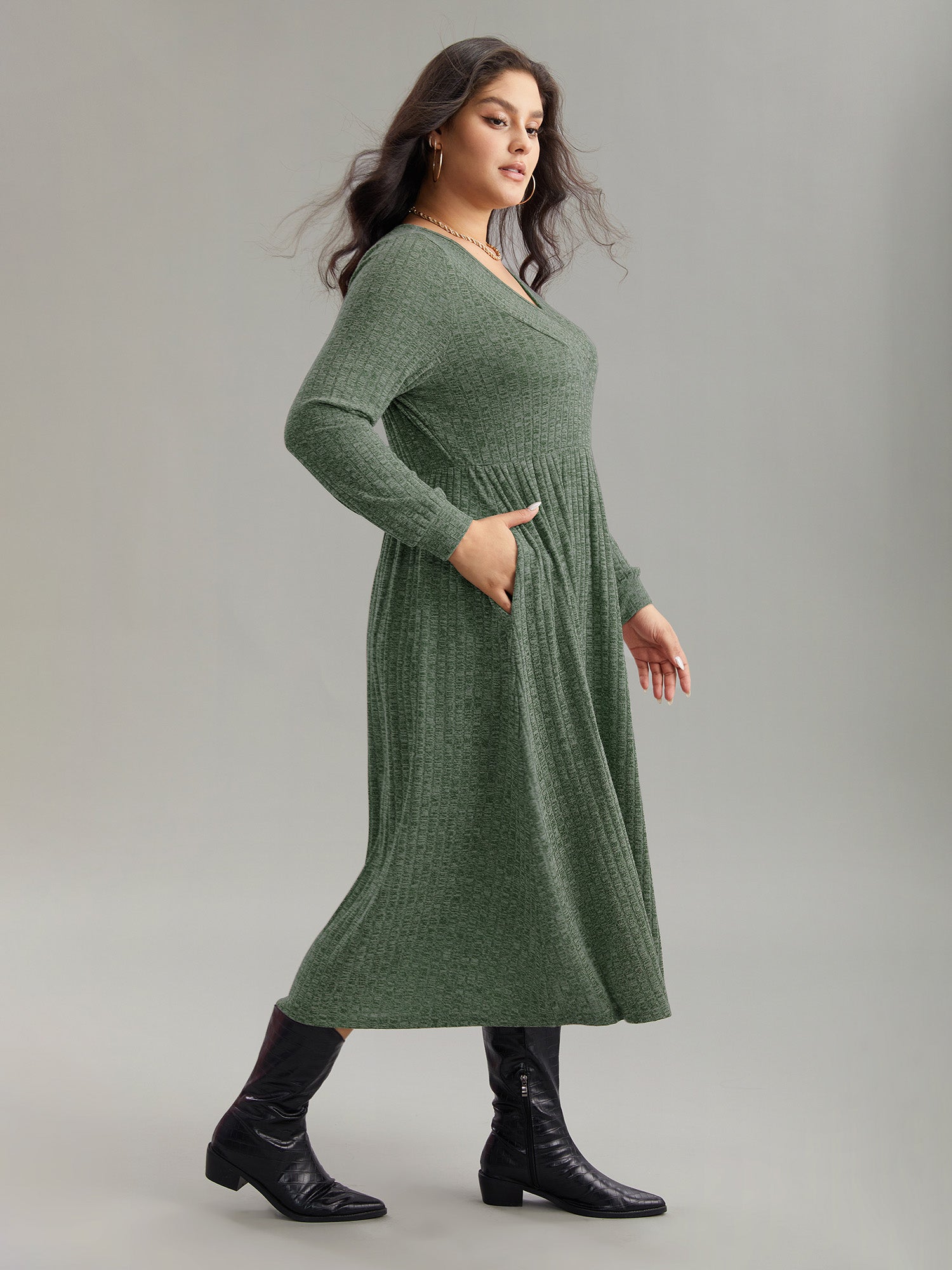 Rib Knit Plain Plisse Long Sleeve Dress