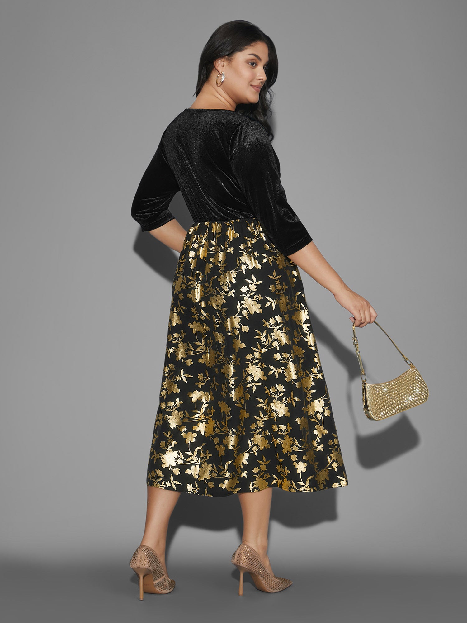 Glitter Floral Patchwork Velvet Midi Dress