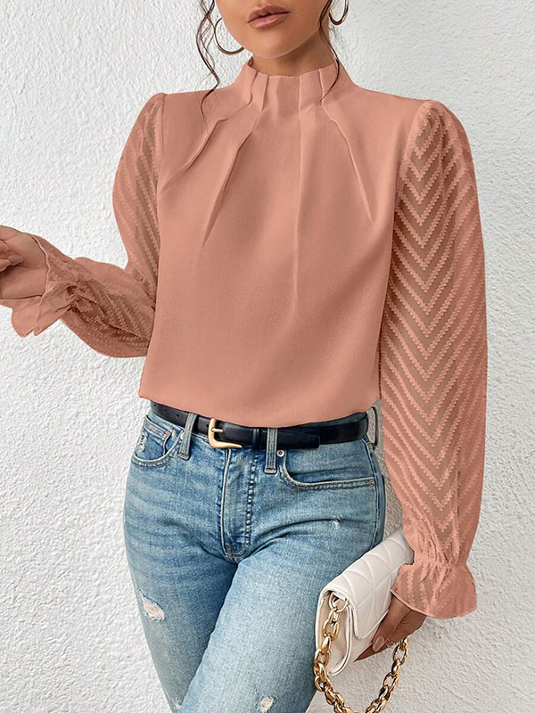 Long Sleeves Loose Elasticity Mesh Pleated Solid Color Mock Neck Blouses&Shirts Tops