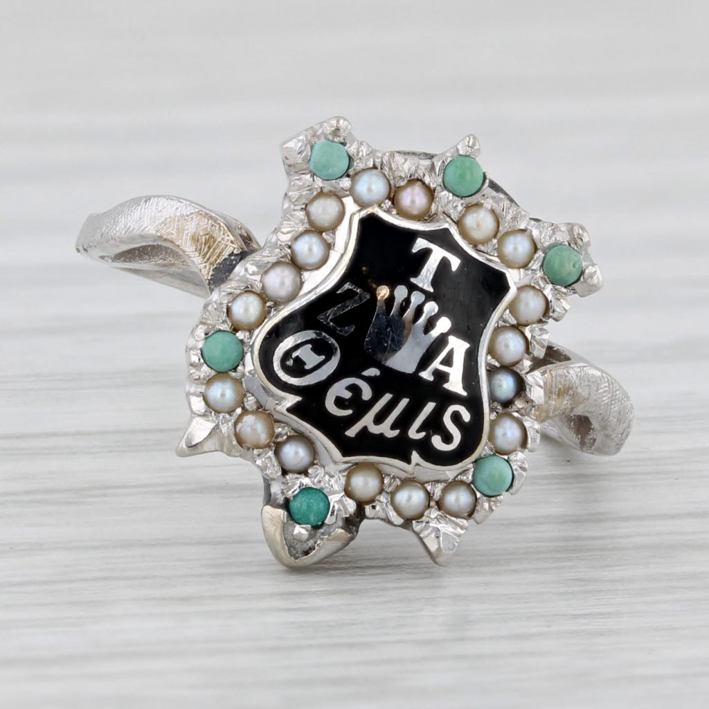 Zeta Tau Alpha Sorority Badge Ring 14k Gold Turquoise Pearl Vintage Size 4.75