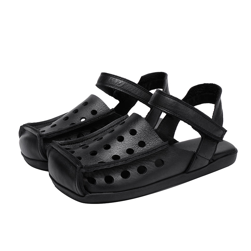 Square Toe Hollow-Out Leather Slingback Flat Sandals for Summer in Green/Black