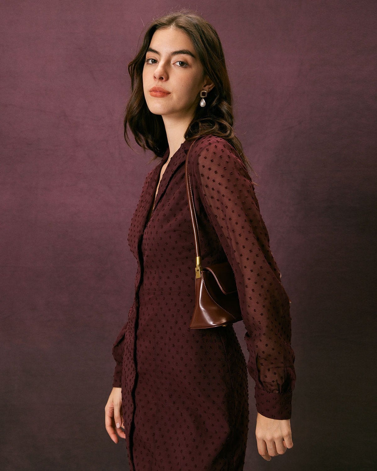 The Dark Red Lapel Dobby Mesh Maxi Dress