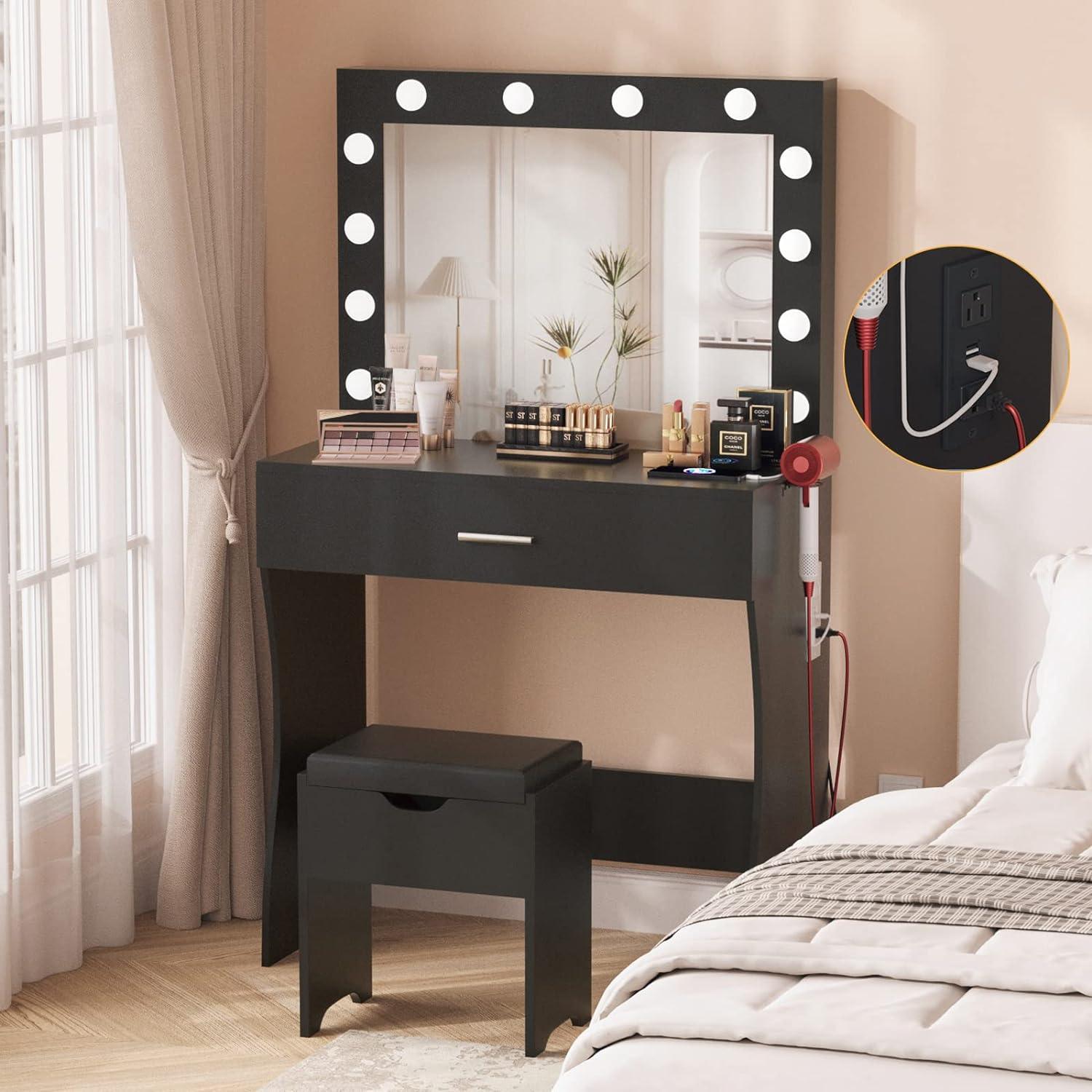 Vanity Table Set with Lighted Mirror - Makeup Vanity with Charging Station