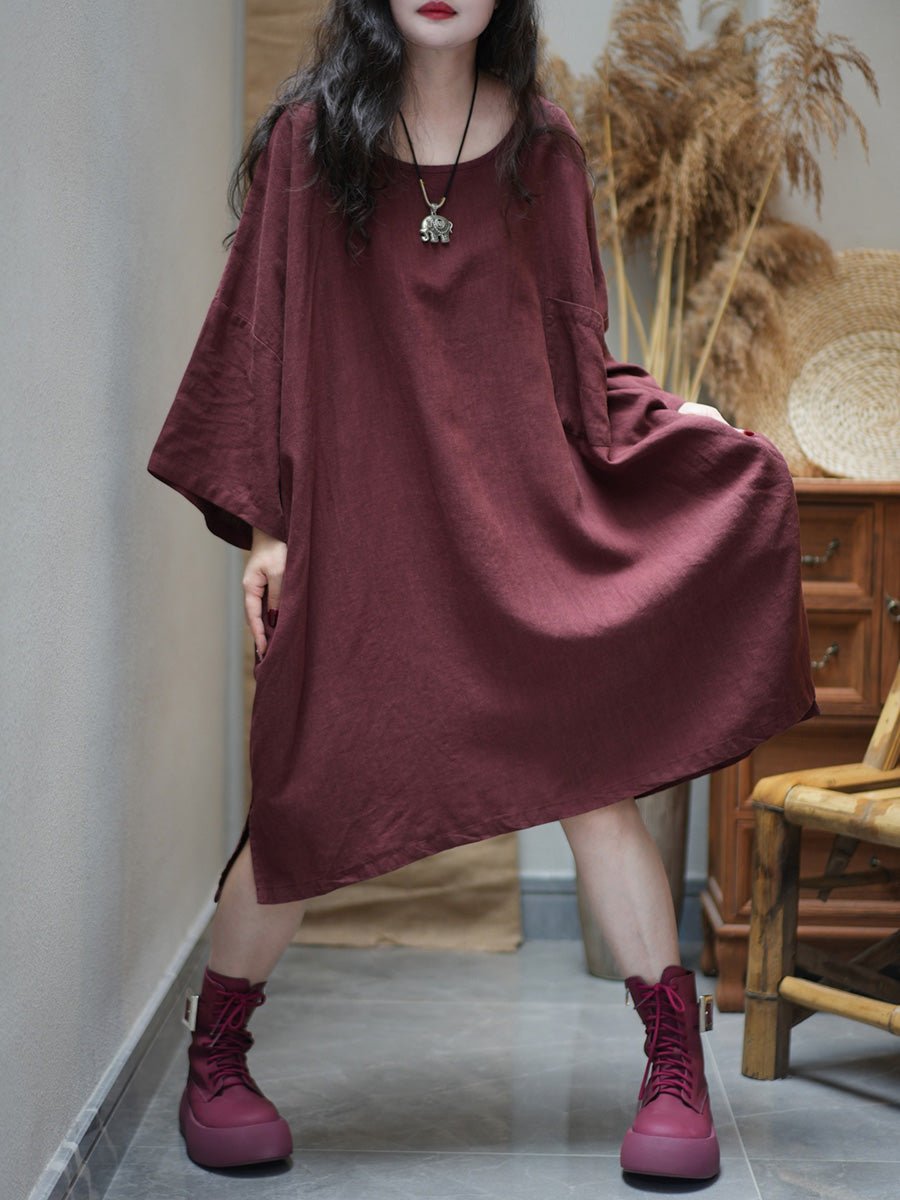 Women Summer Retro Pure Color O-Neck Cotton Dress