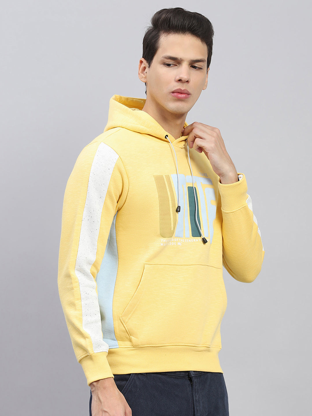 Men Yellow Printed Hooded Full Sleeve Sweatshirt