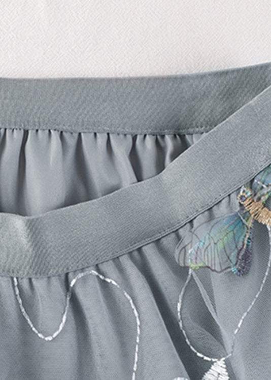 Art Grey Dragonfly Embroidered High Waist Tulle Skirts Summer