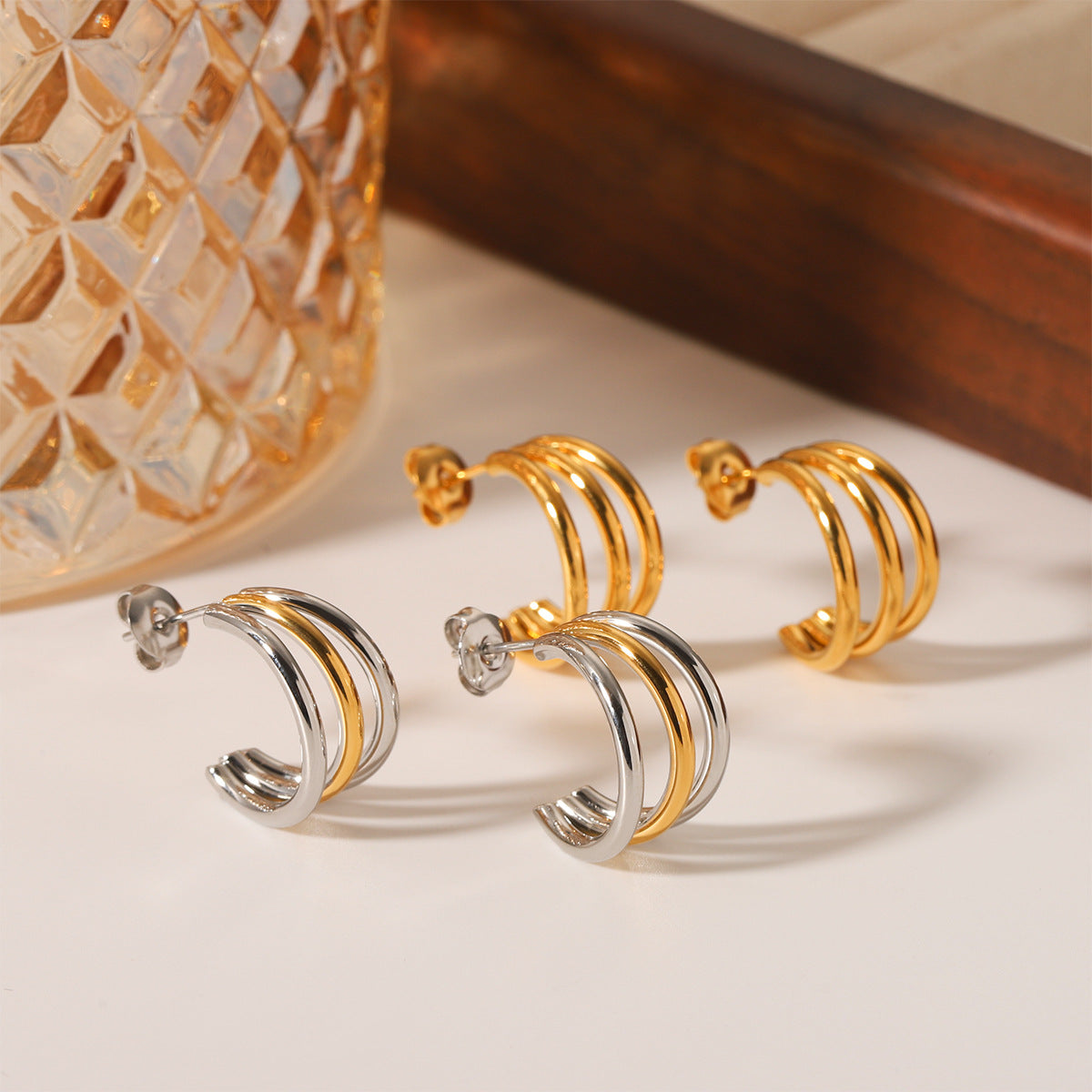 C-Shaped 18K Gold Stainless Steel Earrings Design Three-Layer Titanium Steel Earrings Female Earrings