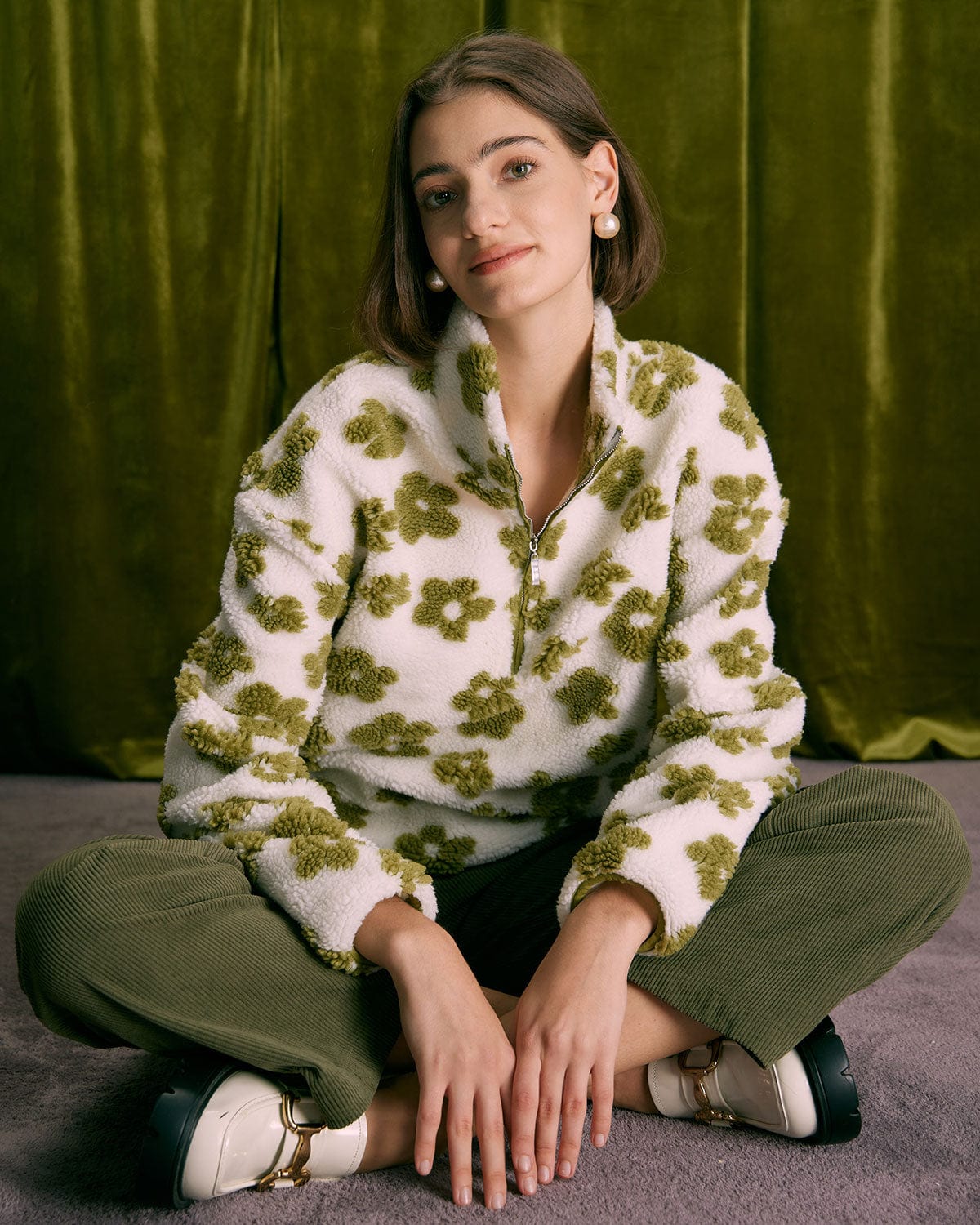 The Green Floral Half Zip Fleece Sweatshirt