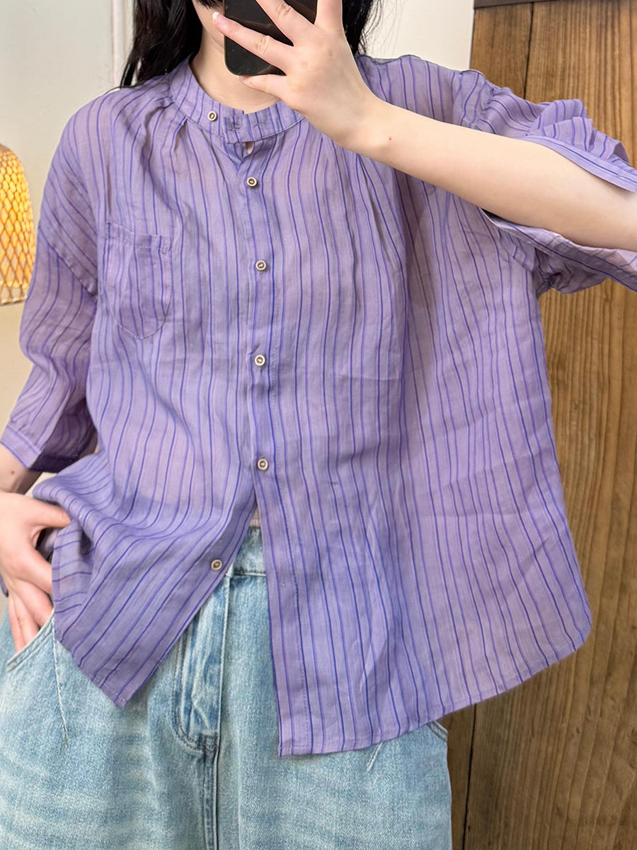 Women Summer Artsy Stripe Ramie Stand Collar Shirt
