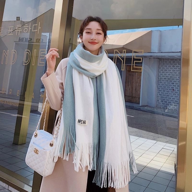 New Contrast Color Fashion Imitation Cashmere Scarf Women's Long Warm Student Scarf Tassel Couple's Shawl