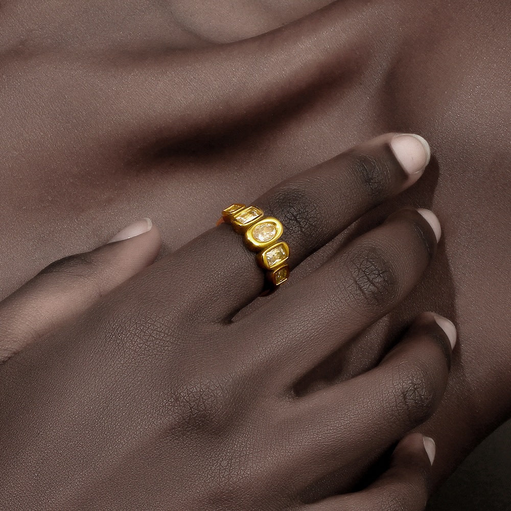 Ins Niche Design High-End Jewelry 316L Stainless Steel Plated 18K Gold Geometric Zircon Arrangement Ring