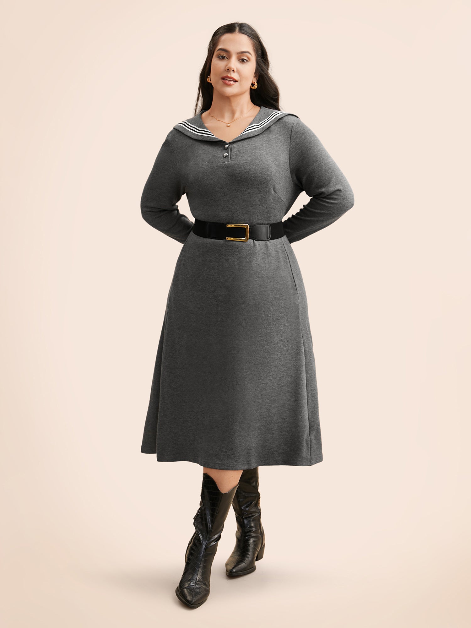 Sailor Collar Contrast Button Up Dress