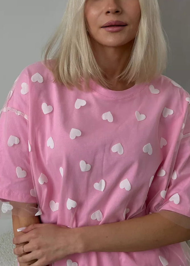 New Pink Tulle Patchwork T Shirt Short Sleeve