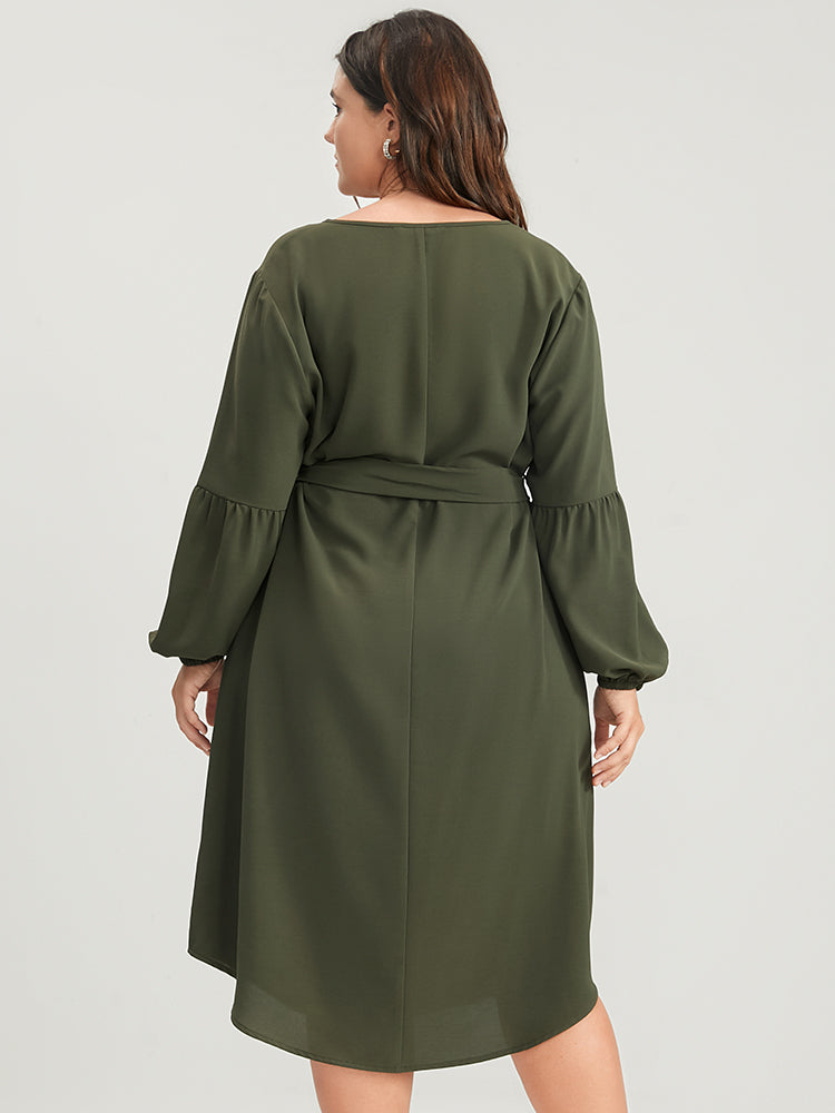 Solid Lantern Sleeve Button Pocket Belted Arc Hem Dress