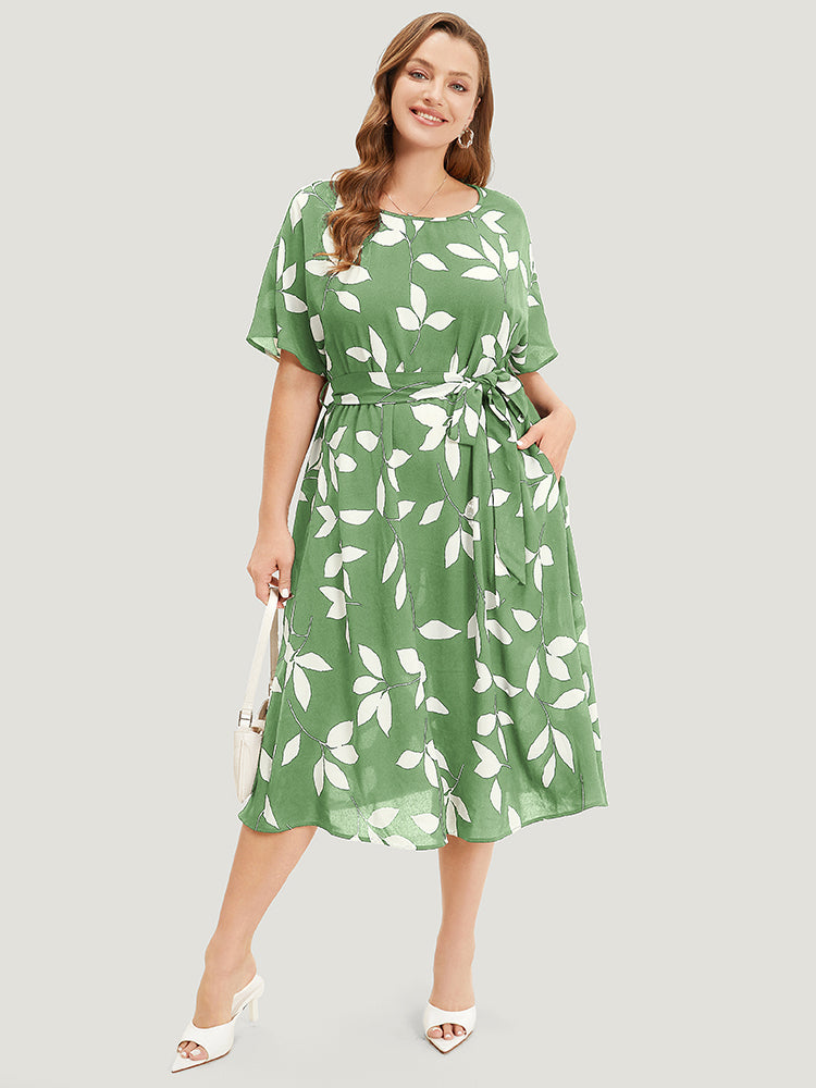 Leaf Print Pocket Belted Dress